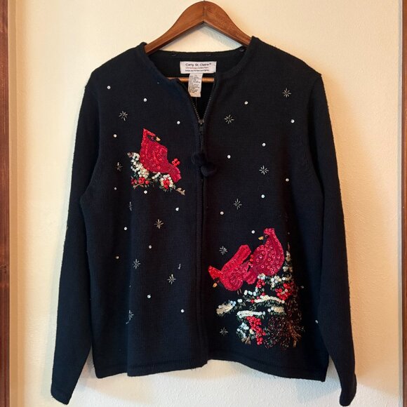 VTG Ugly Christmas Cardigan Sweater Sequined Cardinal Birds Beaded Sz XL Birder - Picture 7 of 12